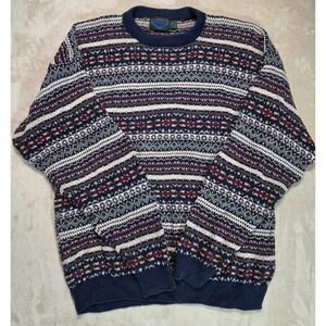 Etchings Vintage Fair Isle Crewneck Sweater Mens XL Navy Blue Cotton Ramie Blend